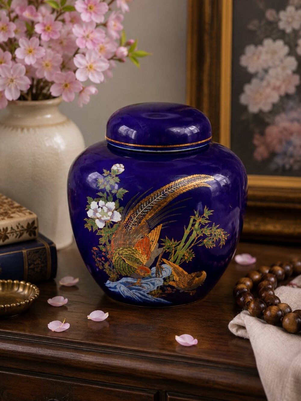Vintage Japanese Cobalt Blue Pheasant Ginger Jar w/Lid –Hand Painted Gold Accent